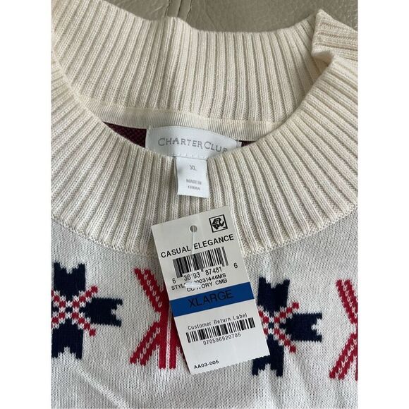 Charter Club Mock Neck Snowflake Pullover Sweater Size XL Ivory Blue and Red - Picture 3 of 7